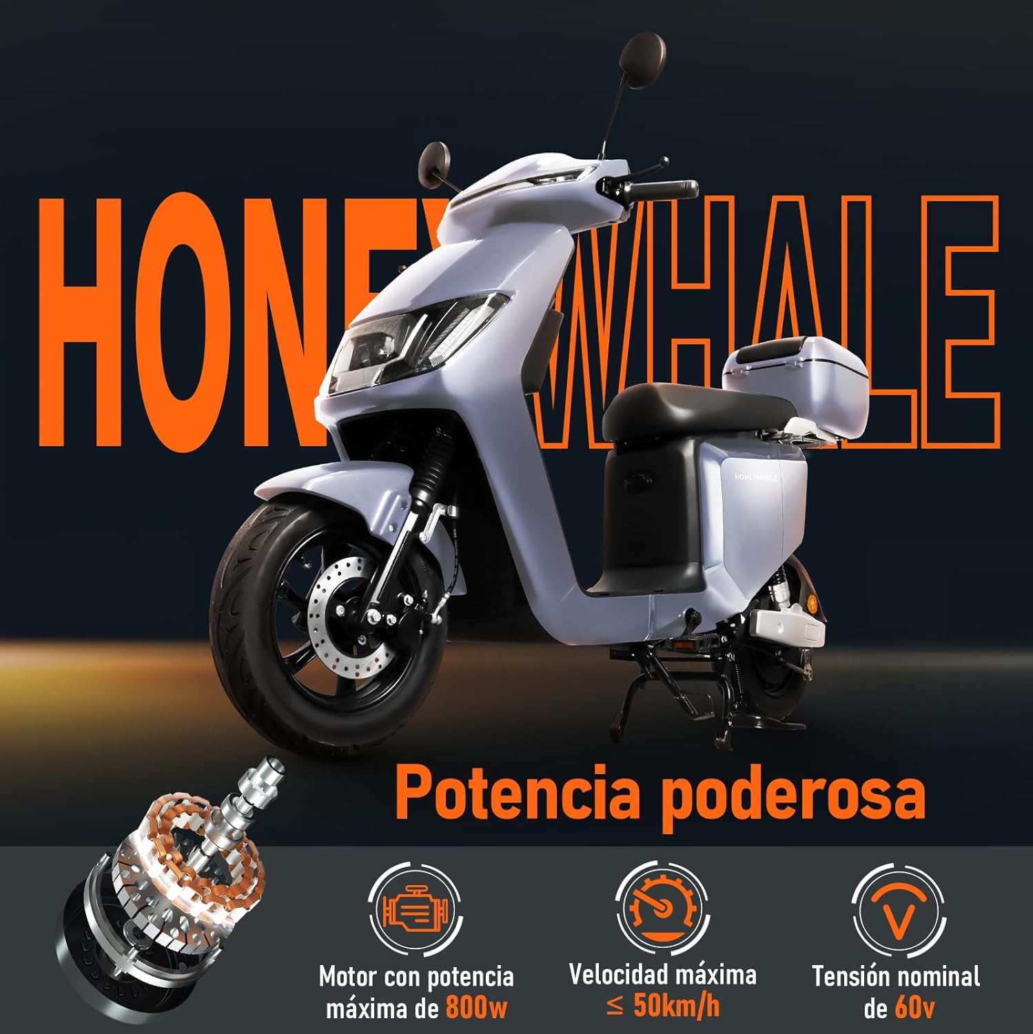 HONEYWHALE i009 Moto Bicicleta Electrica para Adultos, Scooter Inteligente con Batería de Litio Extraíble de 24AH, 800W Motor, Velocidad Máxima 50KM/H, Autonomía 70KM, Sistema Antirrobo