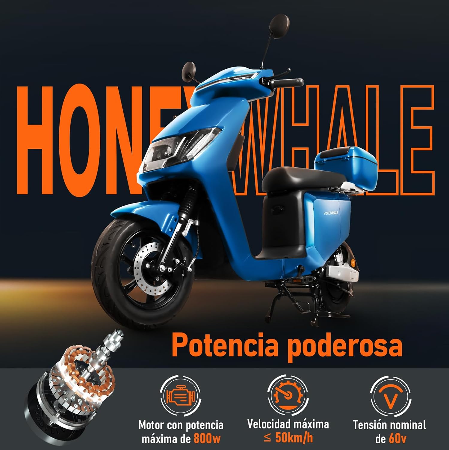 HONEYWHALE i009 Moto Bicicleta Electrica para Adultos, Scooter Inteligente con Batería de Litio Extraíble de 24AH, 800W Motor, Velocidad Máxima 50KM/H, Autonomía 70KM, Sistema Antirrobo