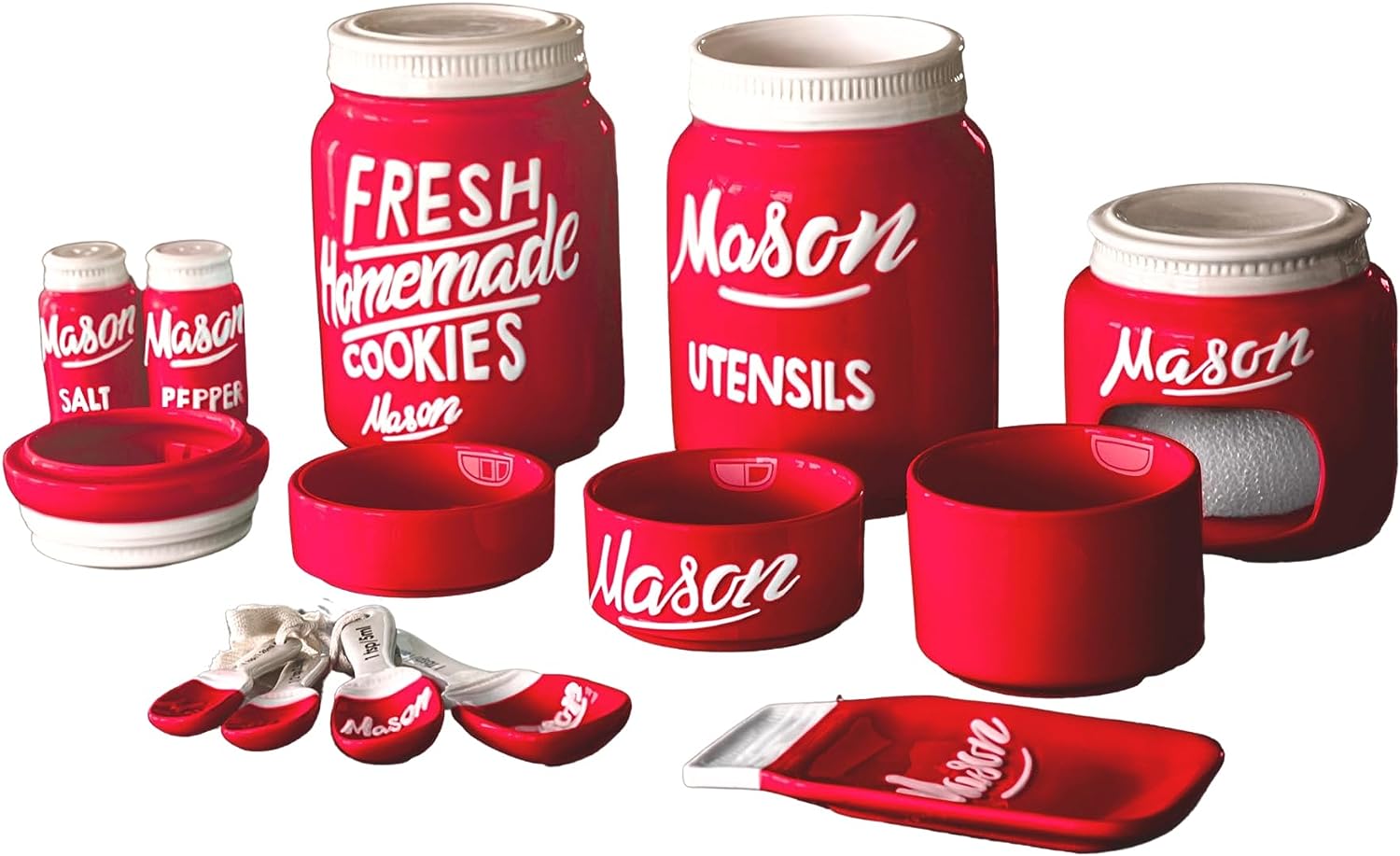 Kitchenware 17-Piece Set - Vintage Kitchen Accessories - Measuring Cups & Spoons, Spoon Rest, Salt & Pepper Shakers, Sponge Holder, Cookie Jar, Utensil Crock - Mother's Day Gift - Red