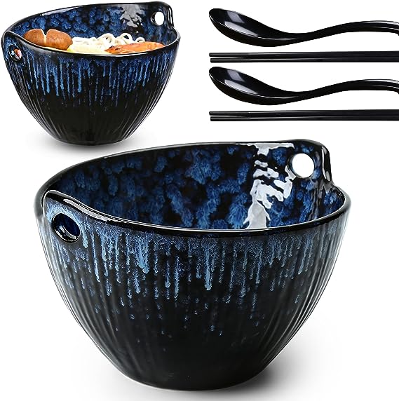  Ramen Bowl with Chopsticks and Spoons Set, 7 Inch Ceramic Noodle Bowl Set of 2, Dishwasher Safe for Pho Udon Soba Noodle Salad Pasta