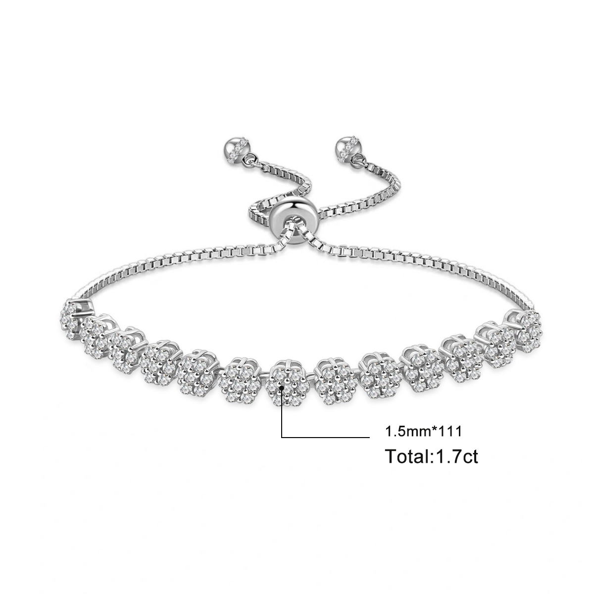 1.7ct Love's Garden Flower Bracelet Adjustable Cluster Bolo Bracelet Synthetic Moissanite Bracelet Copper Chain