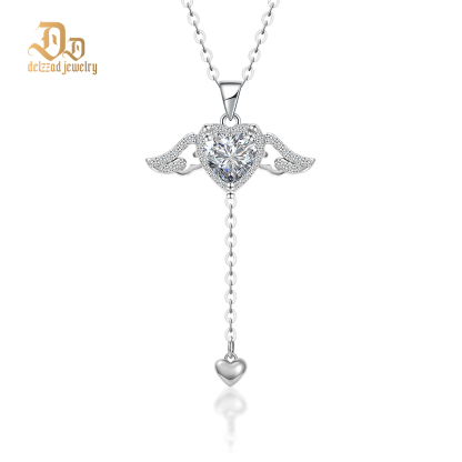 S925 HEART SYNTHETIC MOISSANITE ANGEL WING PENDANT NECKLACE