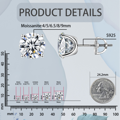 Solitaire Four Prong Earrings Screw Back Stud D-Color Moissanite & S925