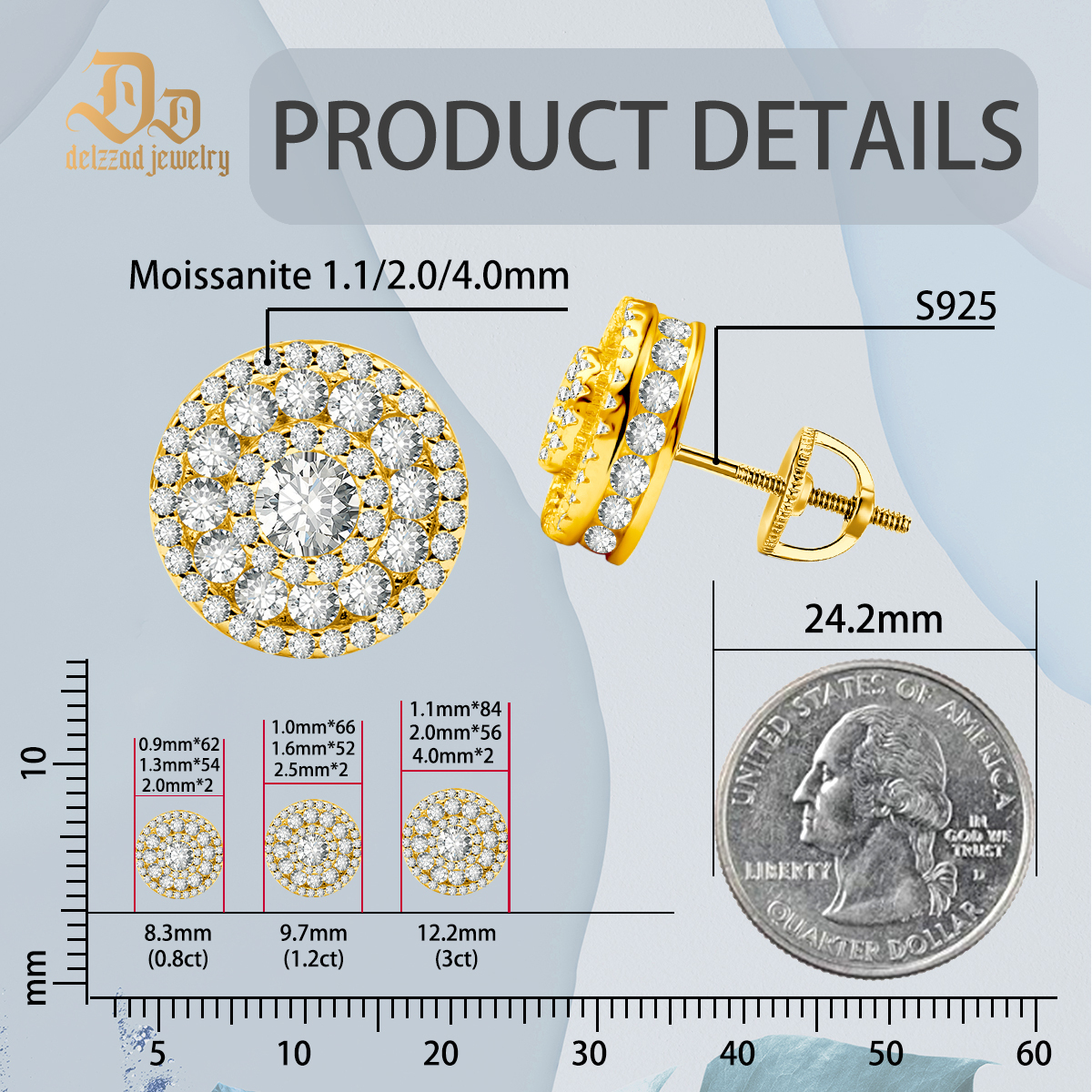 DIAMOLOCK Cluster Shine Stud Earrings 925S & VVS Moissanite