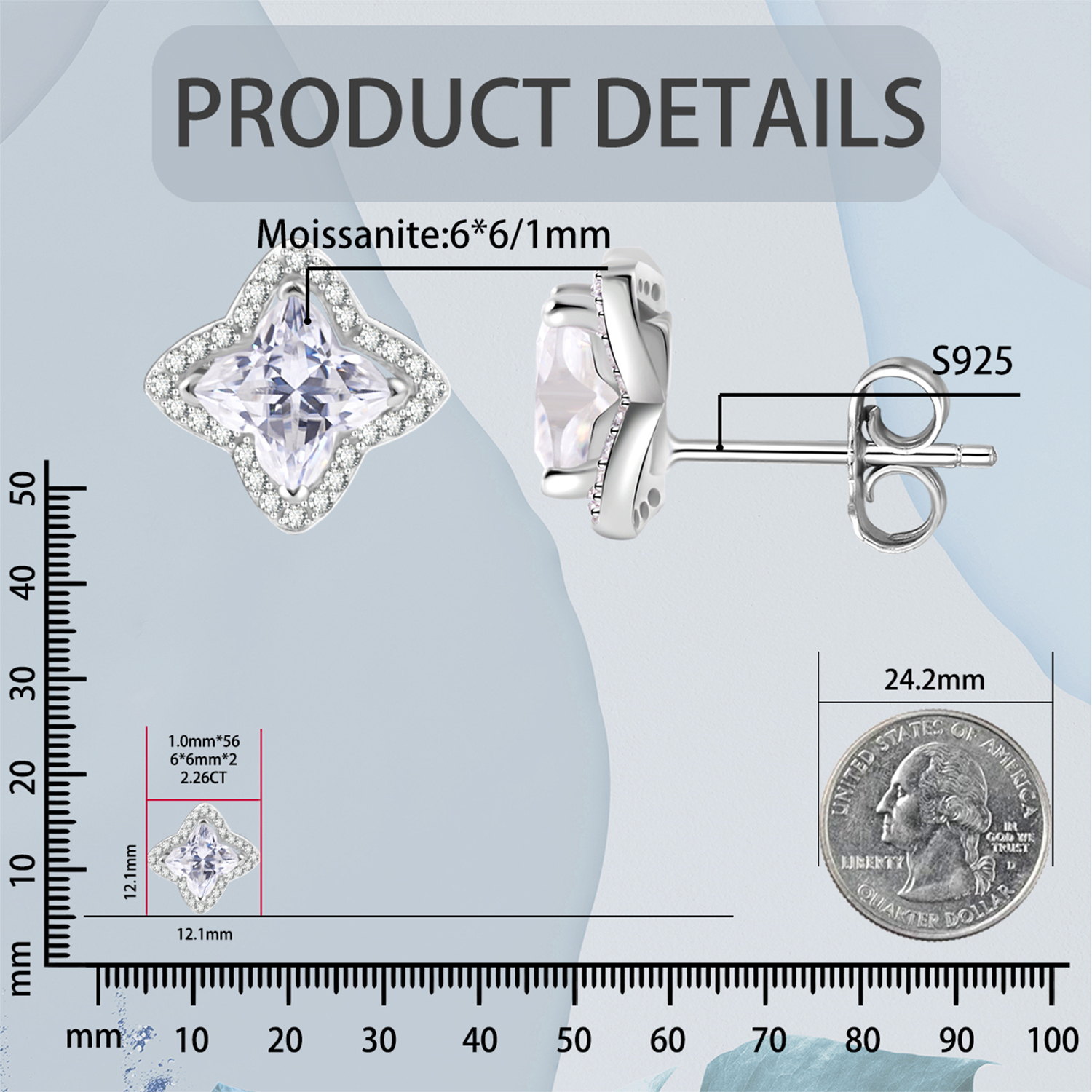 Delzzad Bling Luxury Four-Leaf Clover Earrings Lab-Created Moissanite Stud Earring S925 Sterling Silver Moissanite Jewelry Perfect  Gift for Men Women Wedding Set