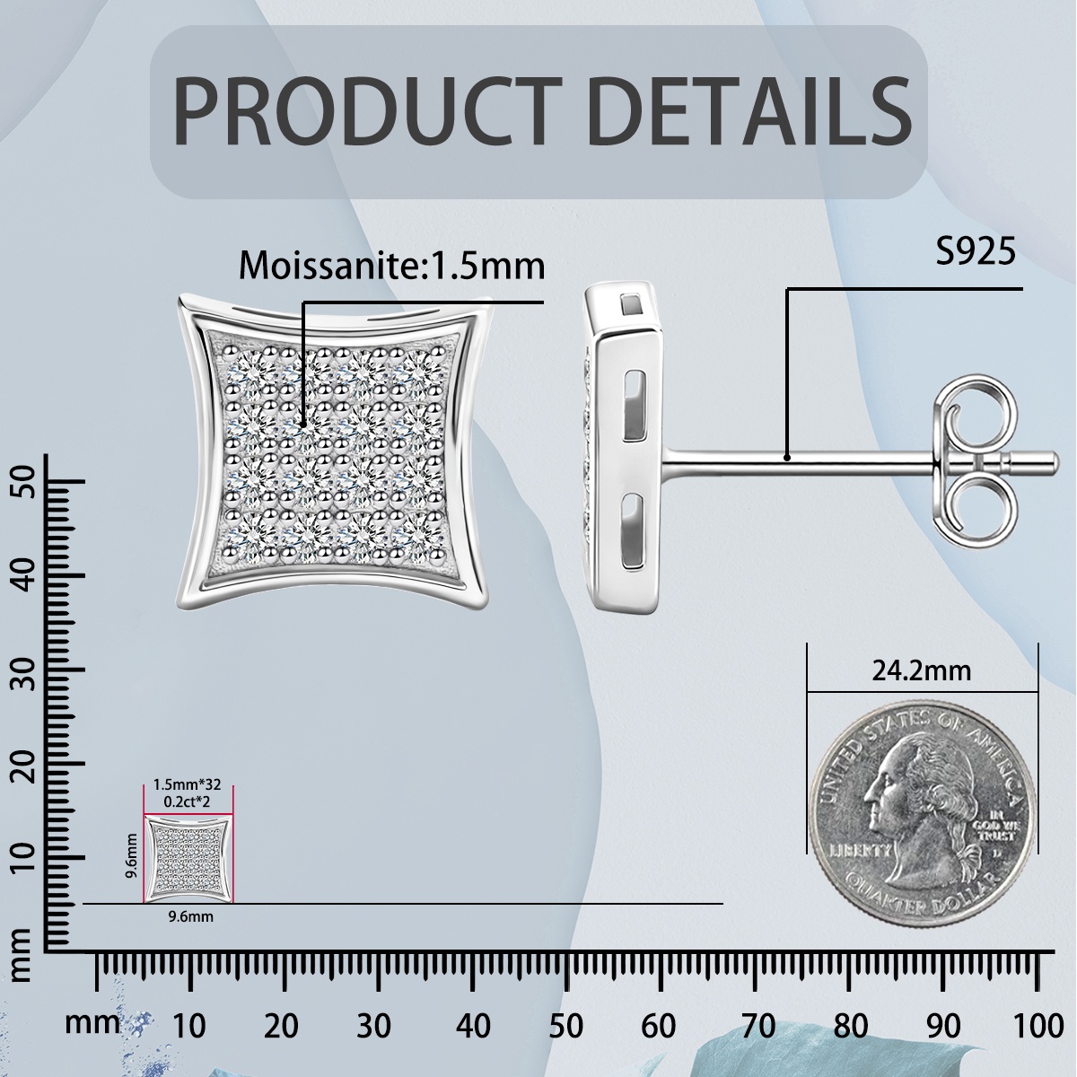 Delzzad Hip Hop Cubic Stud Earrings VVS Synthetic Moissanite S925 Stud Square Earrings Unisex Ear Piercing Jewelry Perfect Birthday Engagement Anniversary Mother’s Day Christmas Gift for Men Women Silver Earrings Golden Earrings Wedding Set