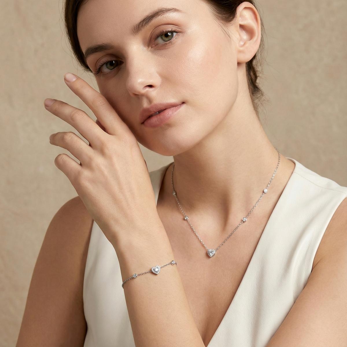 Delzzad Eternal Heart Set Bling Love Heart Bracelet Heart Pendant Necklace Jewelry Set Synthetic Moissanite Necklace Bracelet Jewelry Copper Chain