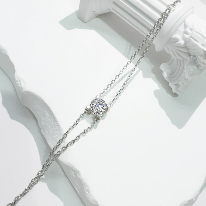 1ct Solitaire Prong Bracelet Double Chain Bracelet Synthetic Moissanite S925 Sterling Silver Bracelet Chain Jewelry Birthday Engagement Wedding Anniversary Perfect Gifts