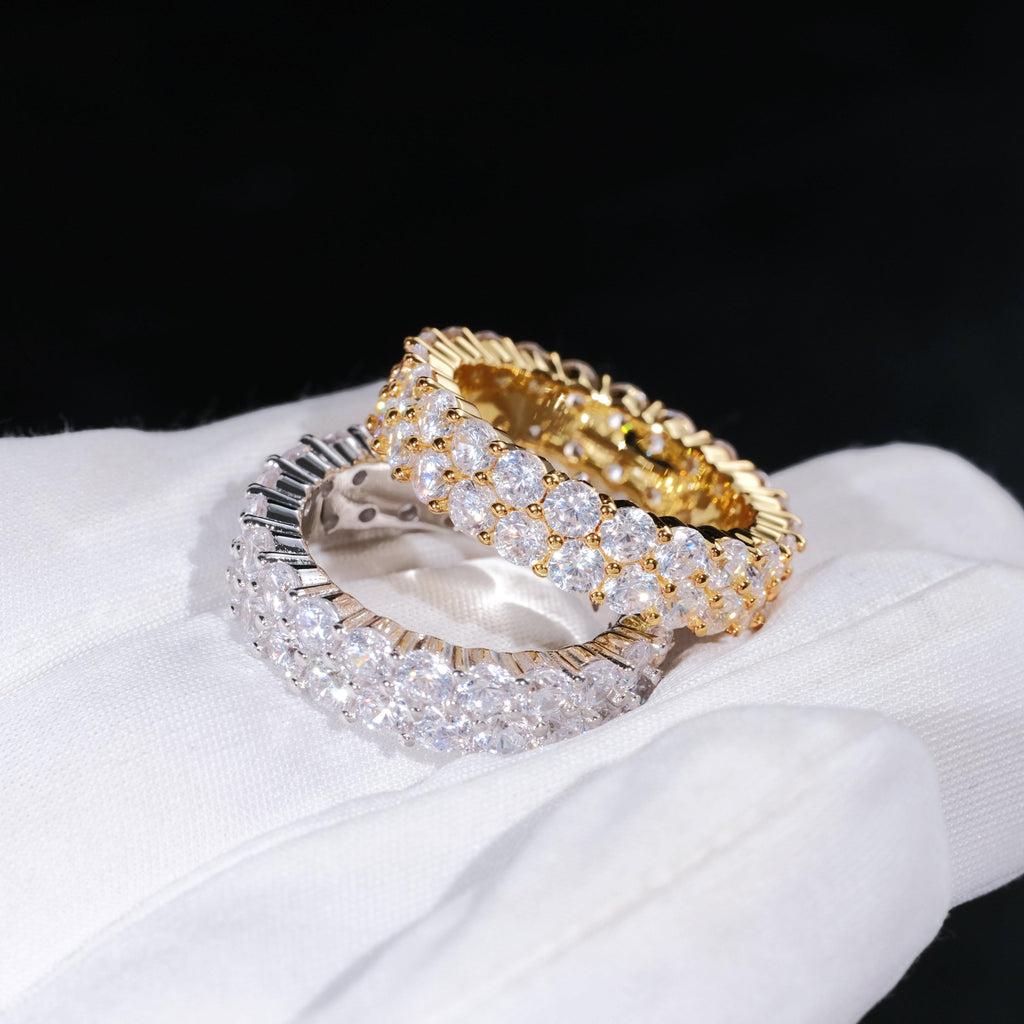 Delzzad S925 Round VVS Synthetic Moissanite Double Row Eternity Hip Hop Ring Sweetie St Valentine's Day Gifts for Men Women