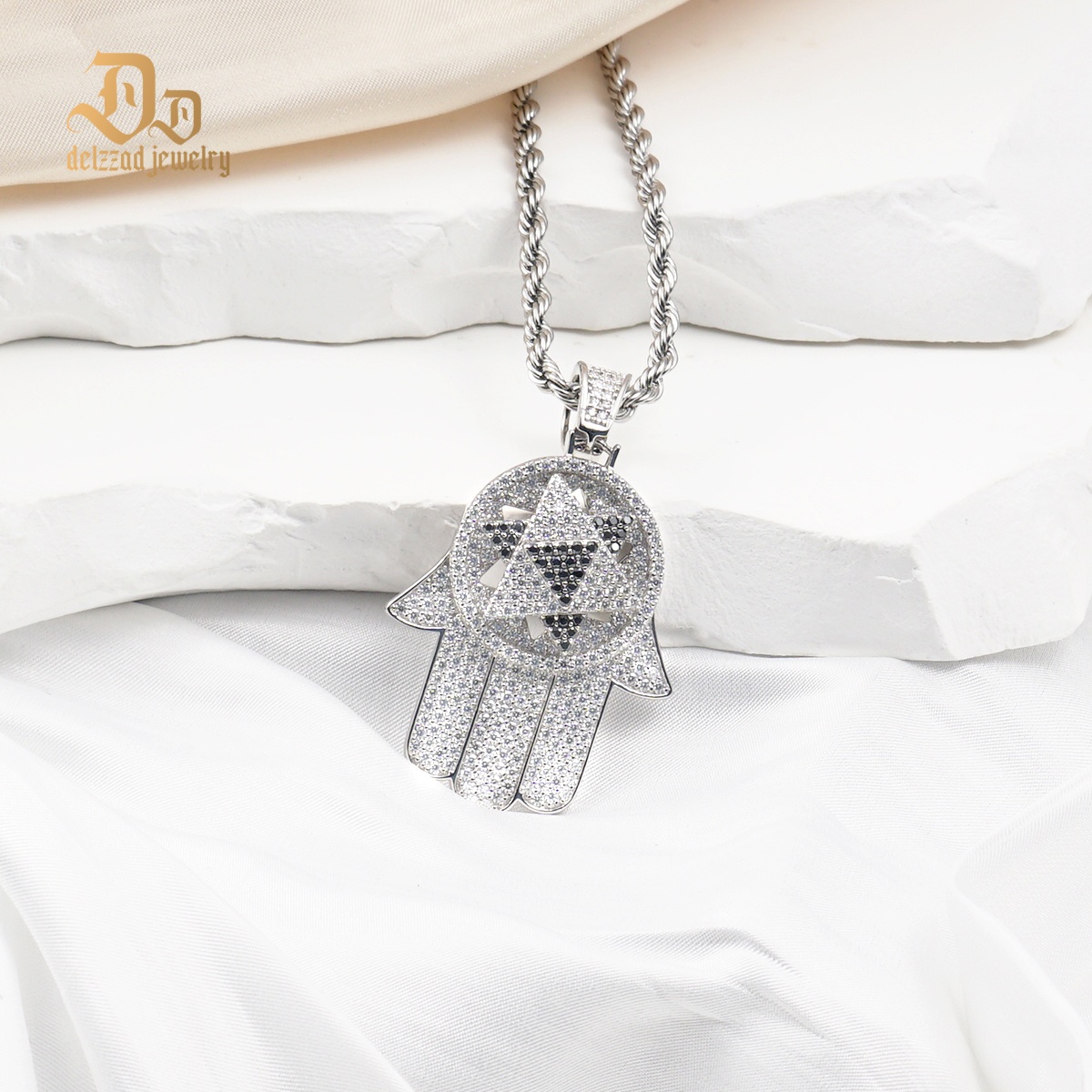 Delzzad S925 2ct VVS Synthetic Moissanite Rotatable Bling Hand Charm Palm Pendant Necklace Anniversary Gift