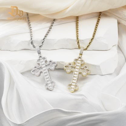 Delzzad S925 VVS Synthetic Moissanite Exquisite Hip Hop Punk Bling Cross Pendant Necklace Valentine's Day Anniversary Gift