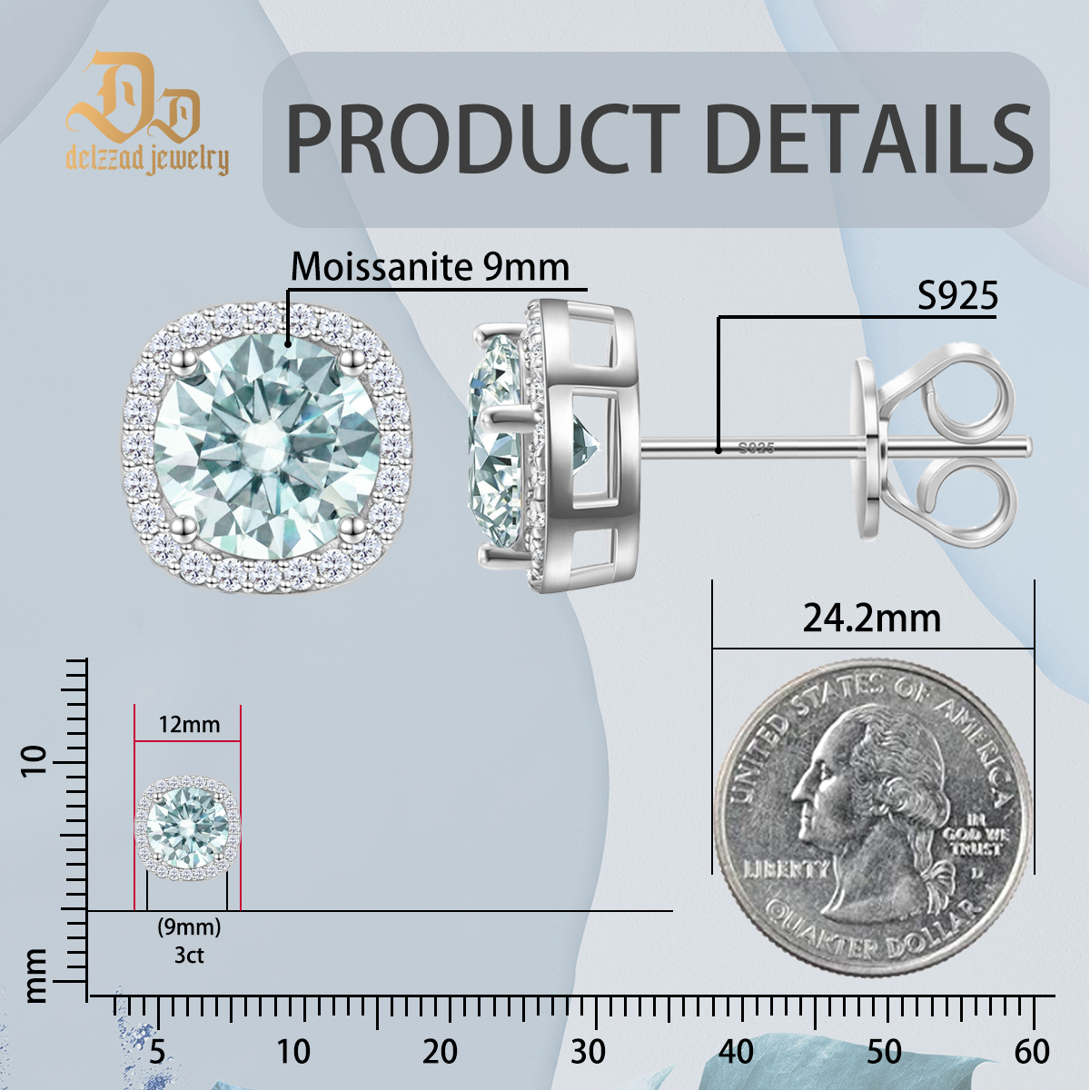 Delzzad S925 Synthetic Moissanite Colored Halo Square Stud Earrings St Valentine's Day Christmas Birthday Gift For Men Women