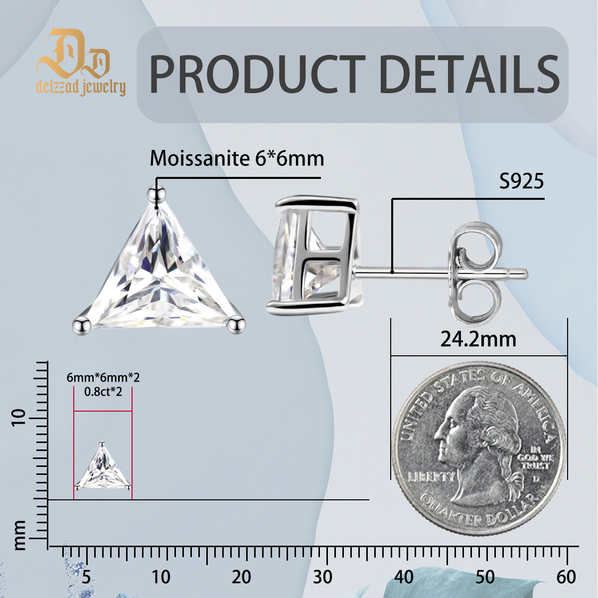 Delzzad S925 Triangle Cut Synthetic Moissanite Solitaire Stud Earrings Birthday Anniversary Valentine's Day Gifts