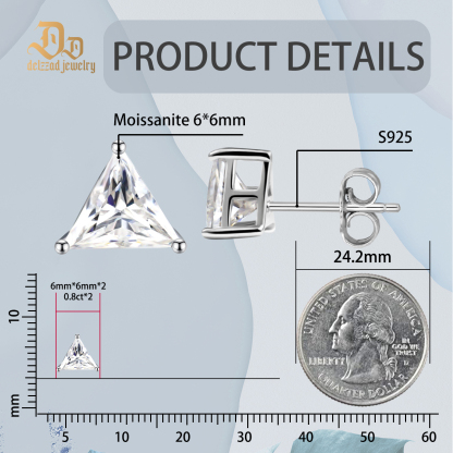 Delzzad S925 Triangle Cut Synthetic Moissanite Solitaire Stud Earrings Birthday Anniversary Valentine's Day Gifts