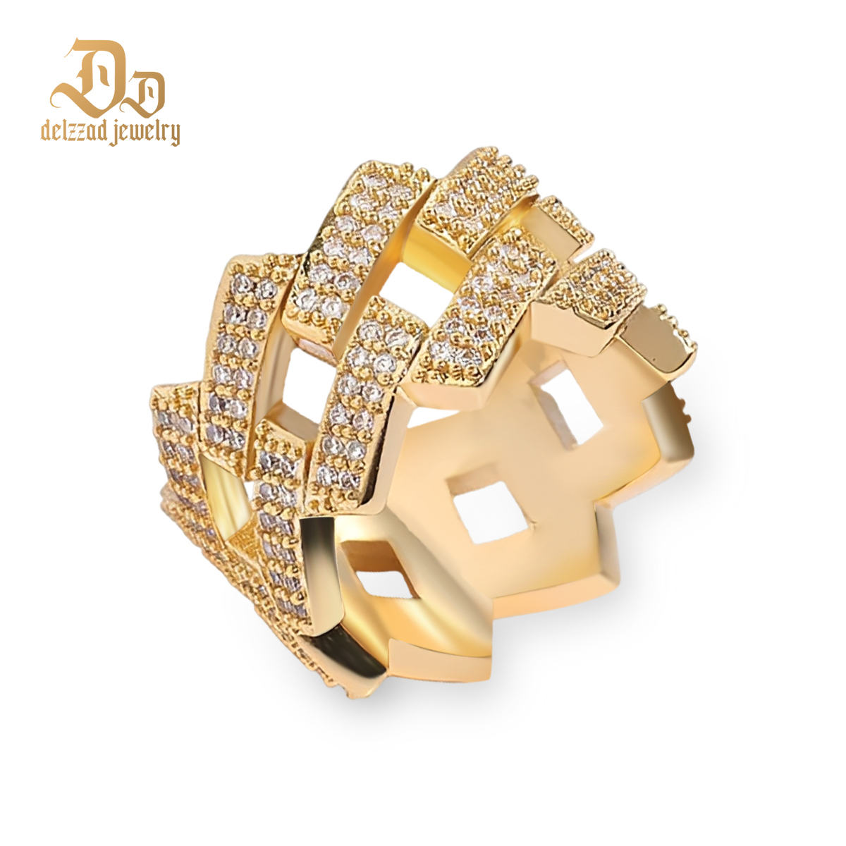 Moissanite CZ Iced Prong Cuban Ring 2-Row Cuban Link Ring  14K GOLD