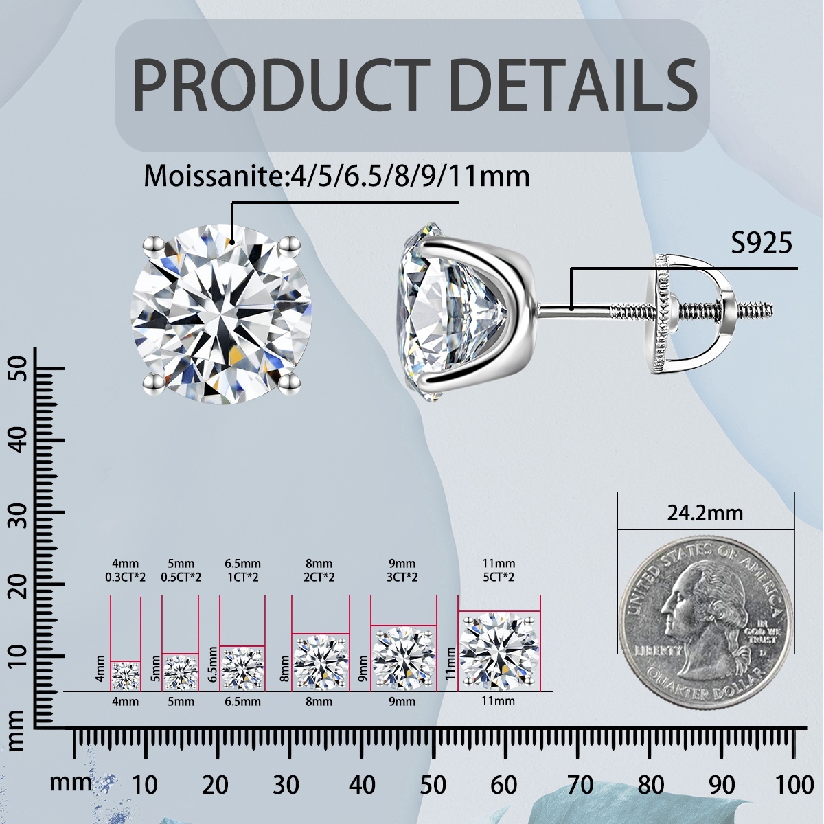 Solitaire Four Prong Earrings Butterfly/Screw Back Stud D-Color Moissanite & S925