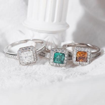 Delzzad 1ct Princess Synthetic Moissanite Halo Ring S925 Ring Band Jewelry Perfect Birthday Engagement Wedding Anniversary Gift