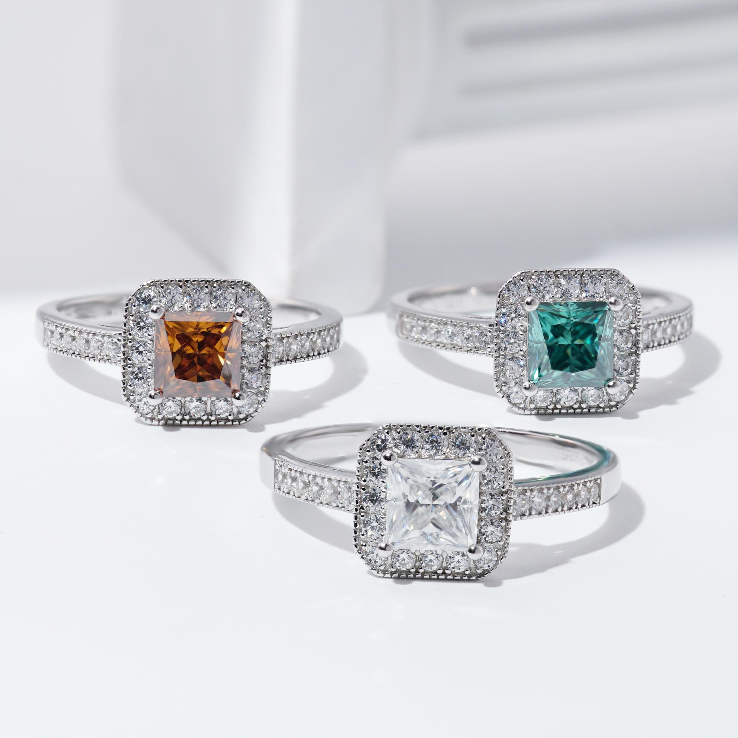 Delzzad 1ct Princess Synthetic Moissanite Halo Ring S925 Ring Band Jewelry Perfect Birthday Engagement Wedding Anniversary Gift