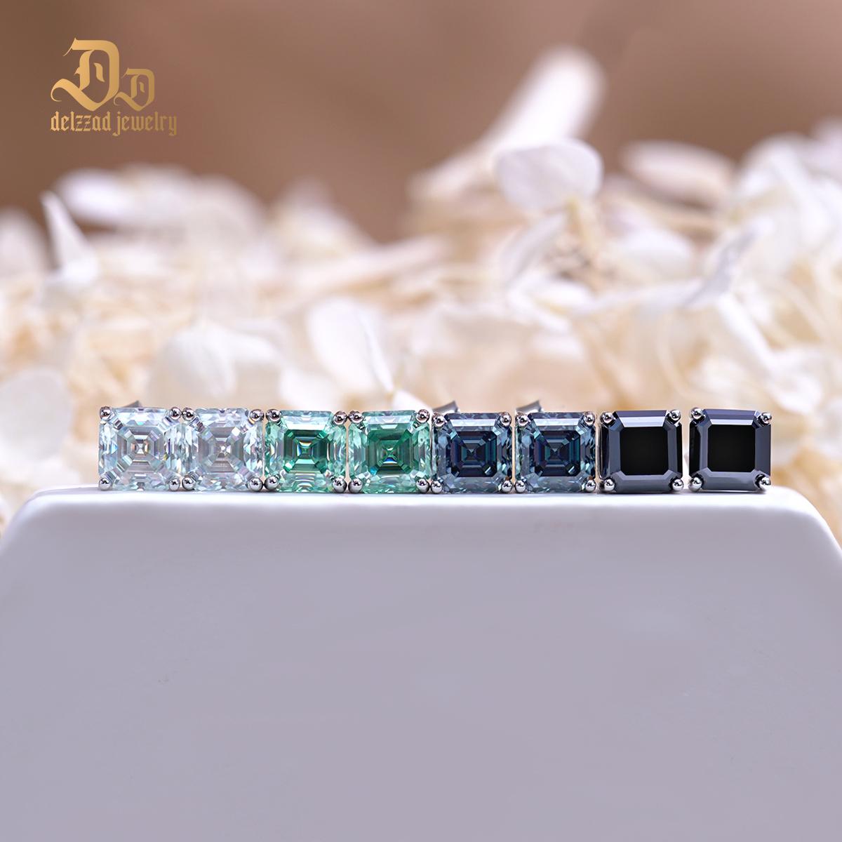 Delzzad S925 Asscher Cut Synthetic Moissanite Prong Stud Earrings For Men Women