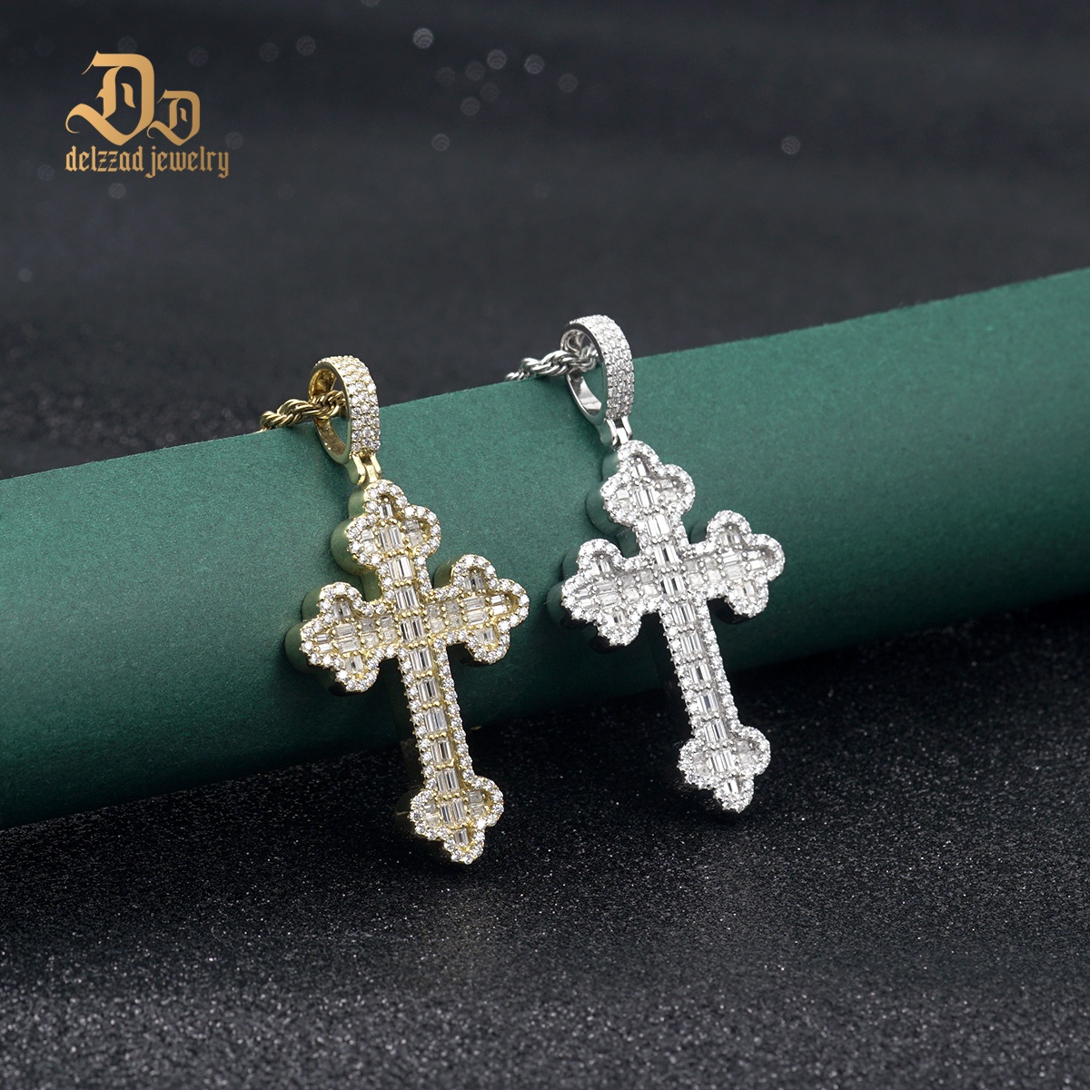 Delzzad S925 VVS Synthetic Moissanite Exquisite Hip Hop Punk Bling Cross Pendant Necklace Valentine's Day Anniversary Gift