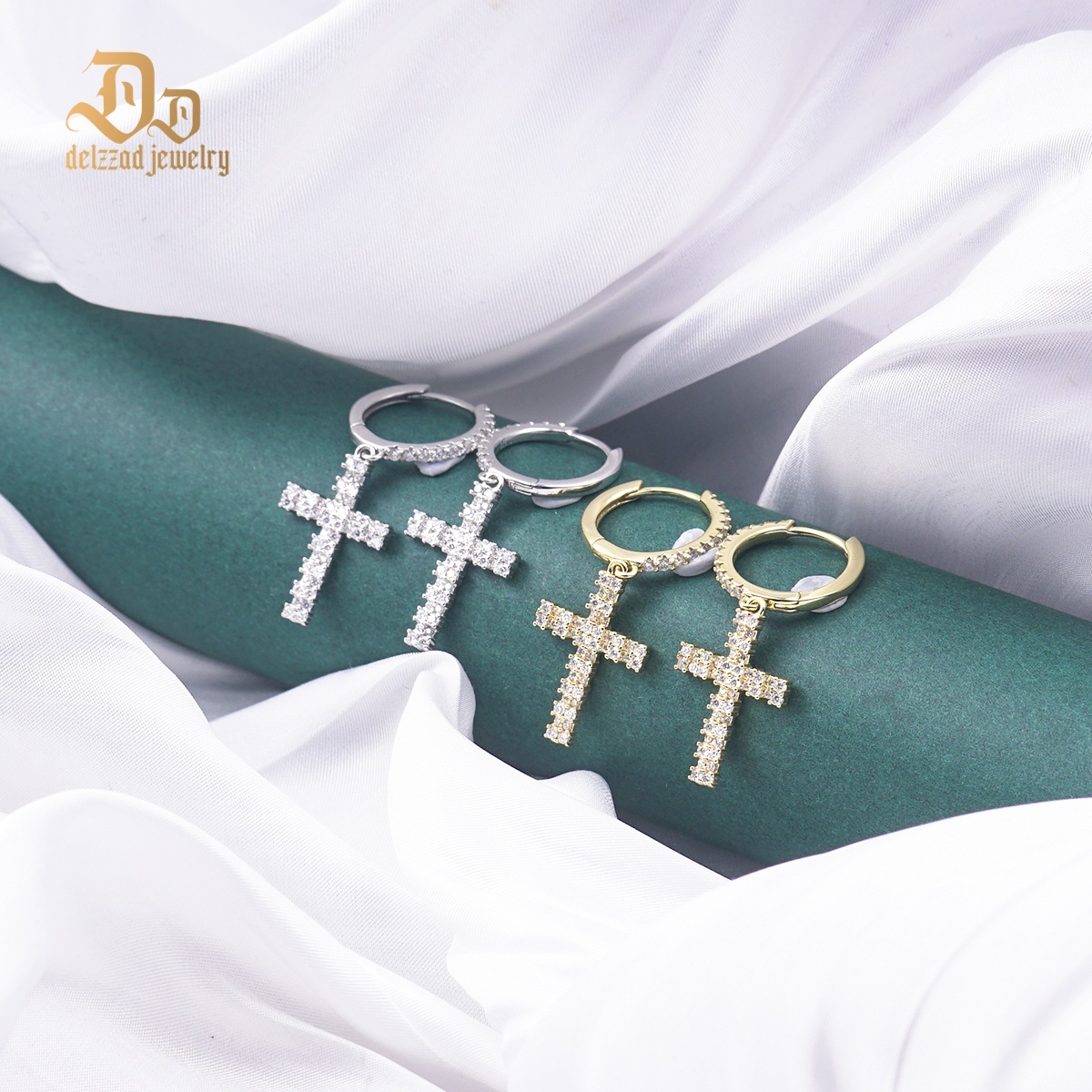 Delzzad S925 Synthetic Moissanite Bling Cross Clip Hoop Earrings Anniversary Valentine's Day Gift
