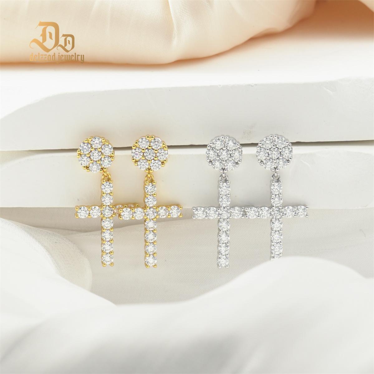 S925 Round VVS Synthetic Moissanite Hip Hop Studded Cross Dangle Earrings Valentine's Day Gift For Men Women