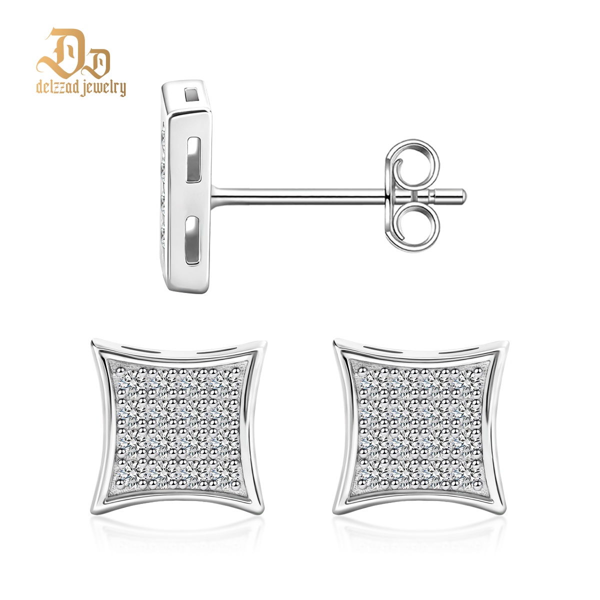 Delzzad Hip Hop Cubic Stud Earrings VVS Synthetic Moissanite S925 Stud Square Earrings Unisex Ear Piercing Jewelry Perfect Birthday Engagement Anniversary Mother’s Day Christmas Gift for Men Women Silver Earrings Golden Earrings Wedding Set