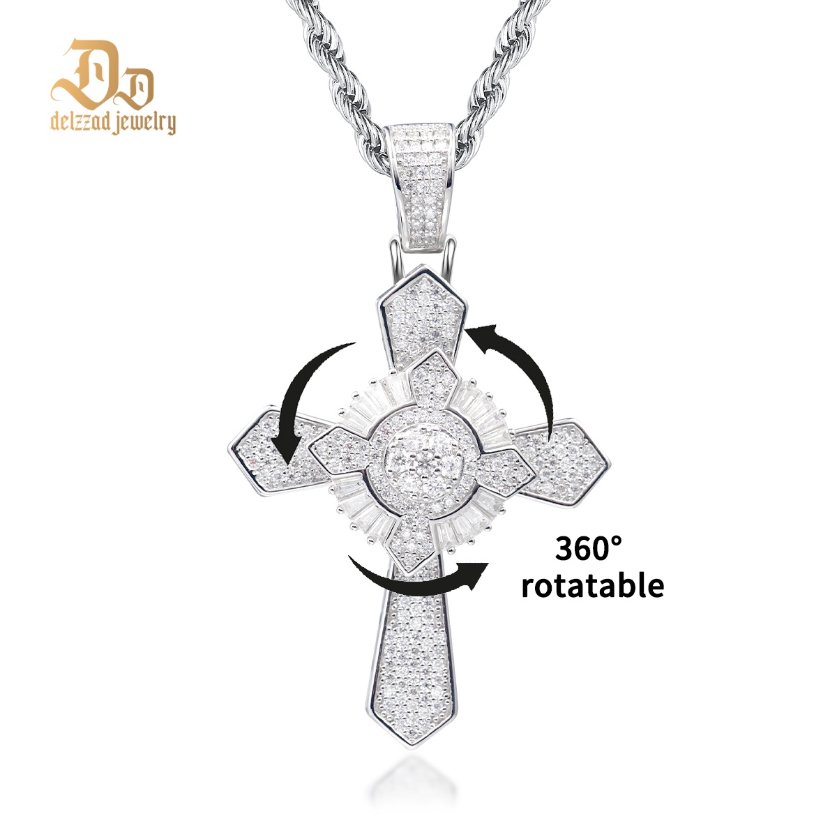 Delzzad S925 Synthetic Moissanite Brillant Iced Out Rotatable Cross Pendant Necklace Birthday Anniversary Gift