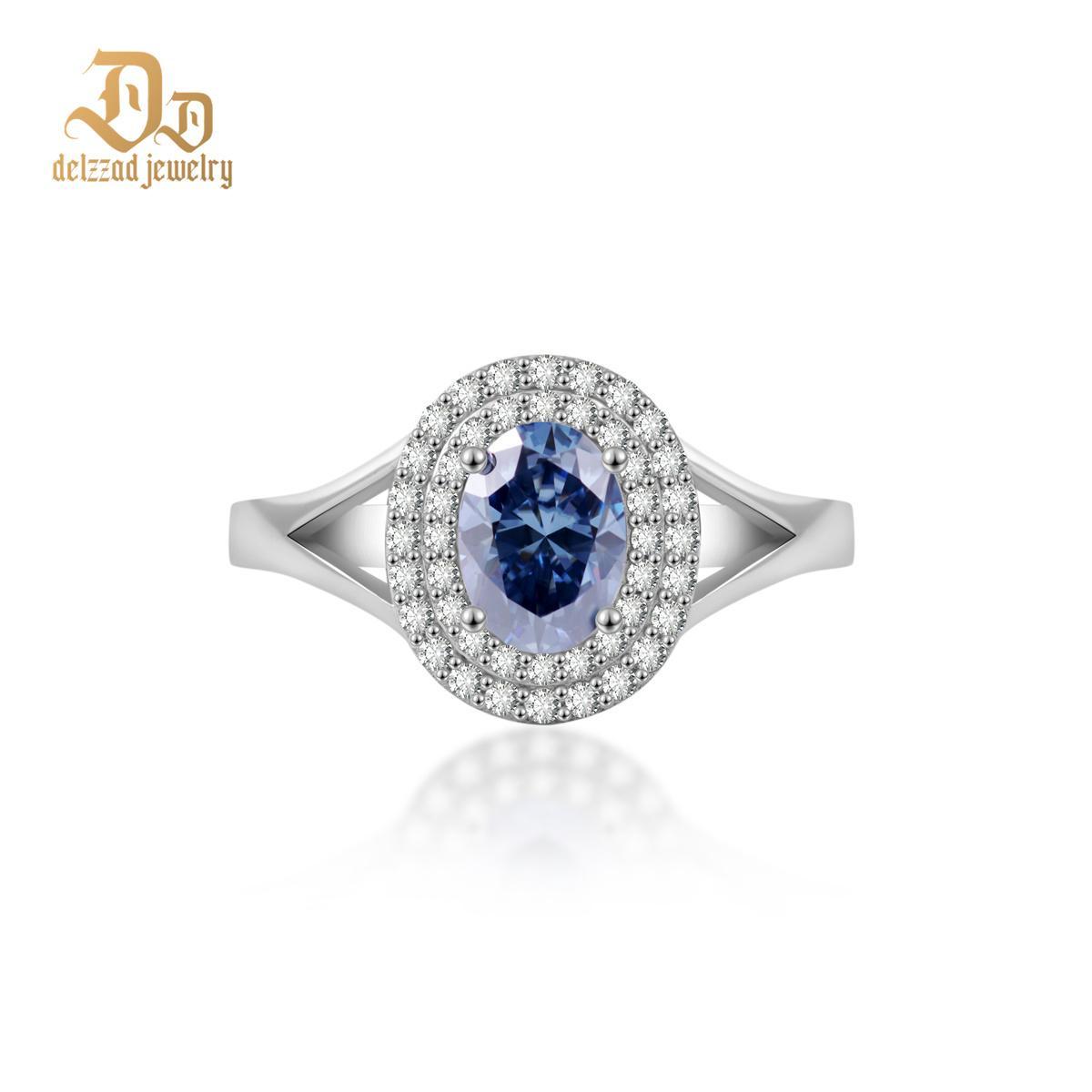 Delzzad 1ct Oval Synthetic Moissanite Double Halo Ring In 925 Sterling Silver Ring Band Jewelry Perfect Birthday Engagement Wedding Anniversary Gift for Women