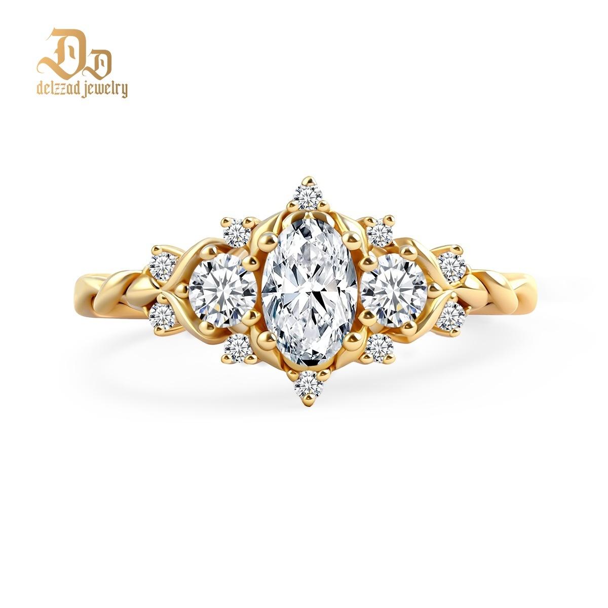 Delzzad 0.7ct Vintage Cluster Marquise Cut Engagement Ring Band VVS Synthetic Moissanite Ring Jewelry S925 Perfect Birthday Engagement Wedding Anniversary Christmas Gift