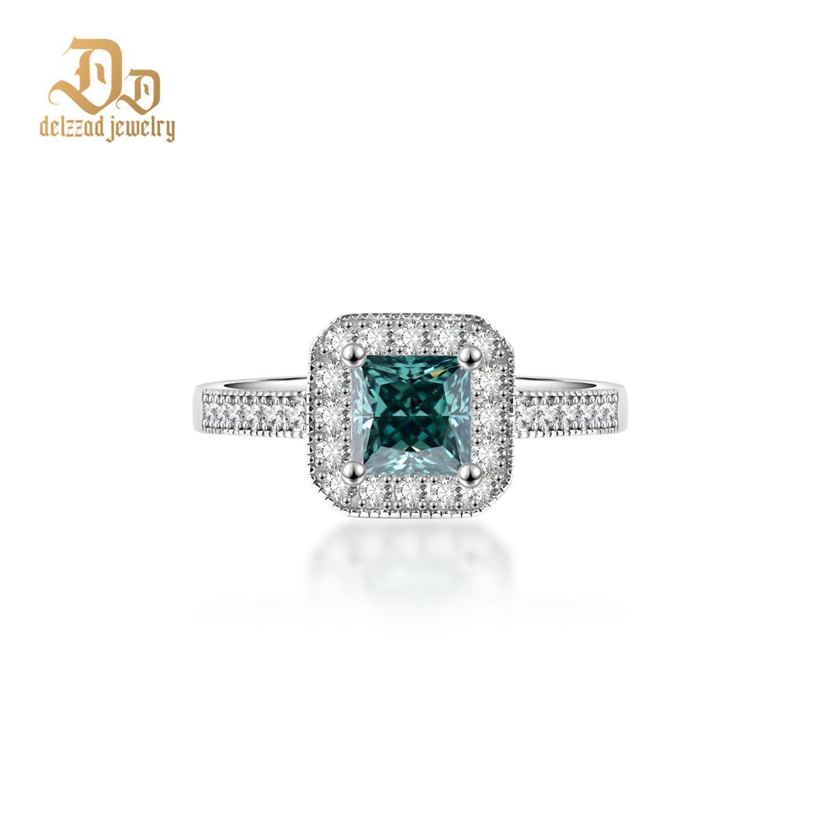 Delzzad 1ct Princess Synthetic Moissanite Halo Ring S925 Ring Band Jewelry Perfect Birthday Engagement Wedding Anniversary Gift