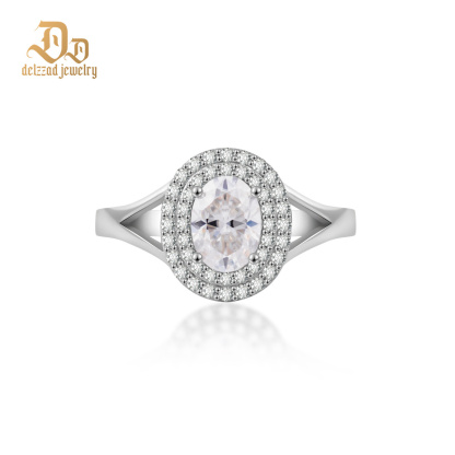 Delzzad 1ct Oval Synthetic Moissanite Double Halo Ring In 925 Sterling Silver Ring Band Jewelry Perfect Birthday Engagement Wedding Anniversary Gift for Women