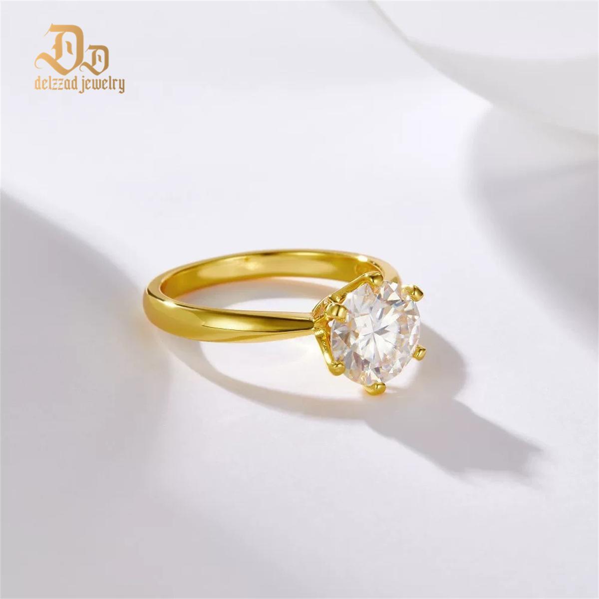 Delzzad S925 1-2ct Round VVS Synthetic Moissanite Classic Six-Prong Ring Band Anniversary Valentine's Day Gifts