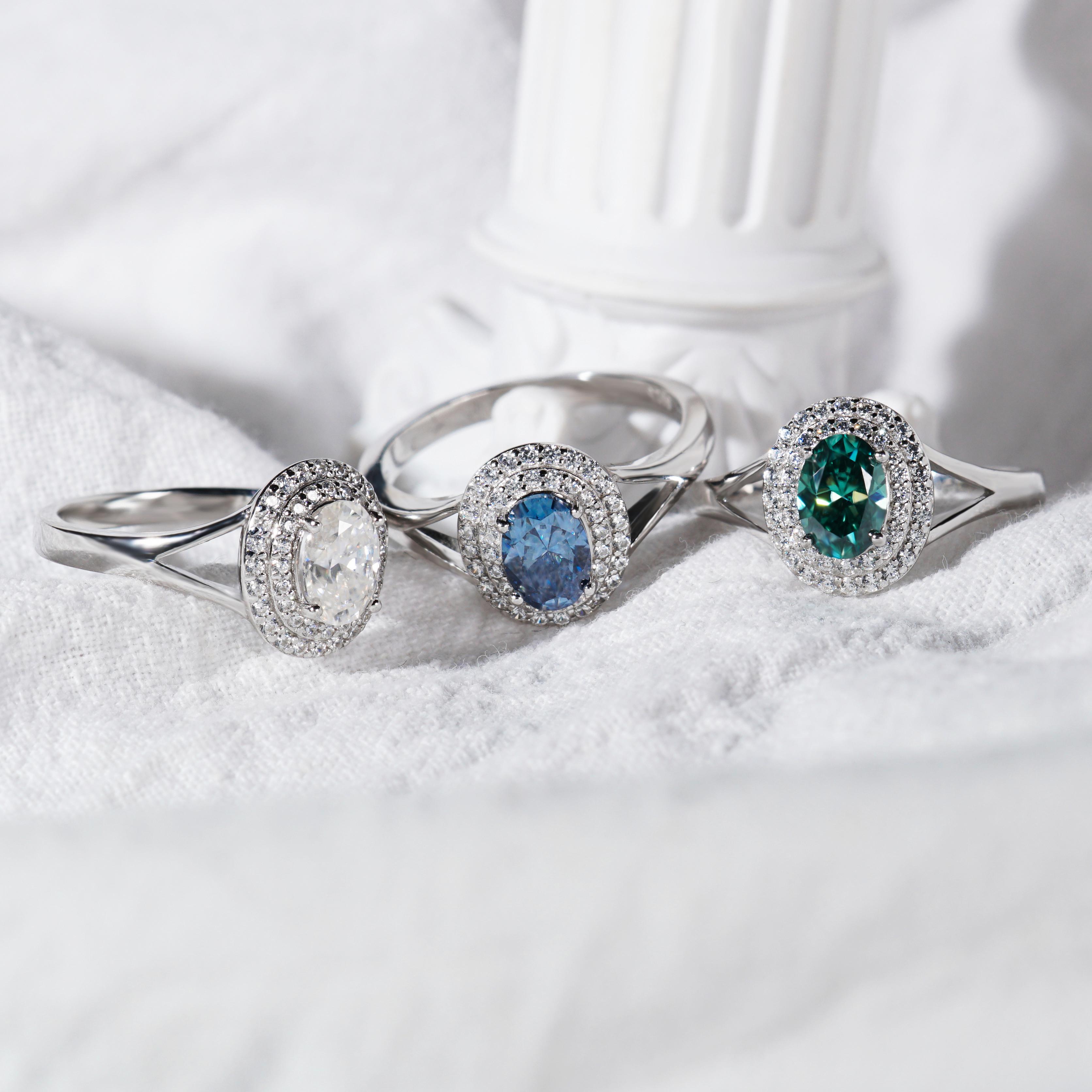 Delzzad 1ct Oval Synthetic Moissanite Double Halo Ring In 925 Sterling Silver Ring Band Jewelry Perfect Birthday Engagement Wedding Anniversary Gift for Women