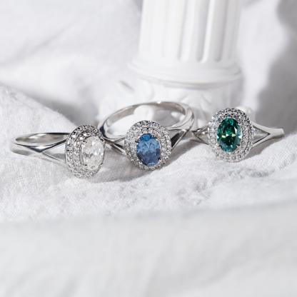 Delzzad 1ct Oval Synthetic Moissanite Double Halo Ring In 925 Sterling Silver Ring Band Jewelry Perfect Birthday Engagement Wedding Anniversary Gift for Women