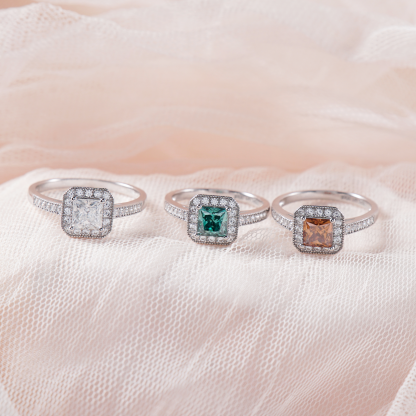 Delzzad 1ct Princess Synthetic Moissanite Halo Ring S925 Ring Band Jewelry Gift