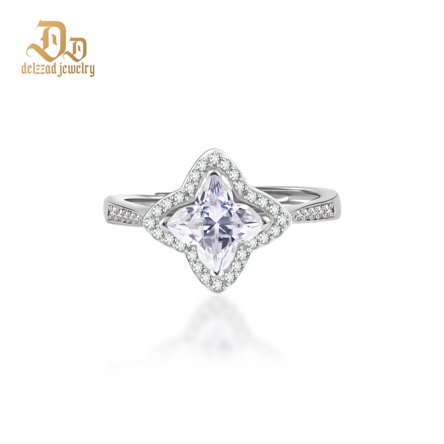 Delzzad Adjustable Luxury Clover Cluster Ring Lab-Created Moissanite Engagement Ring S925 Sterling Silver Moissanite Jewelry Perfect Gift