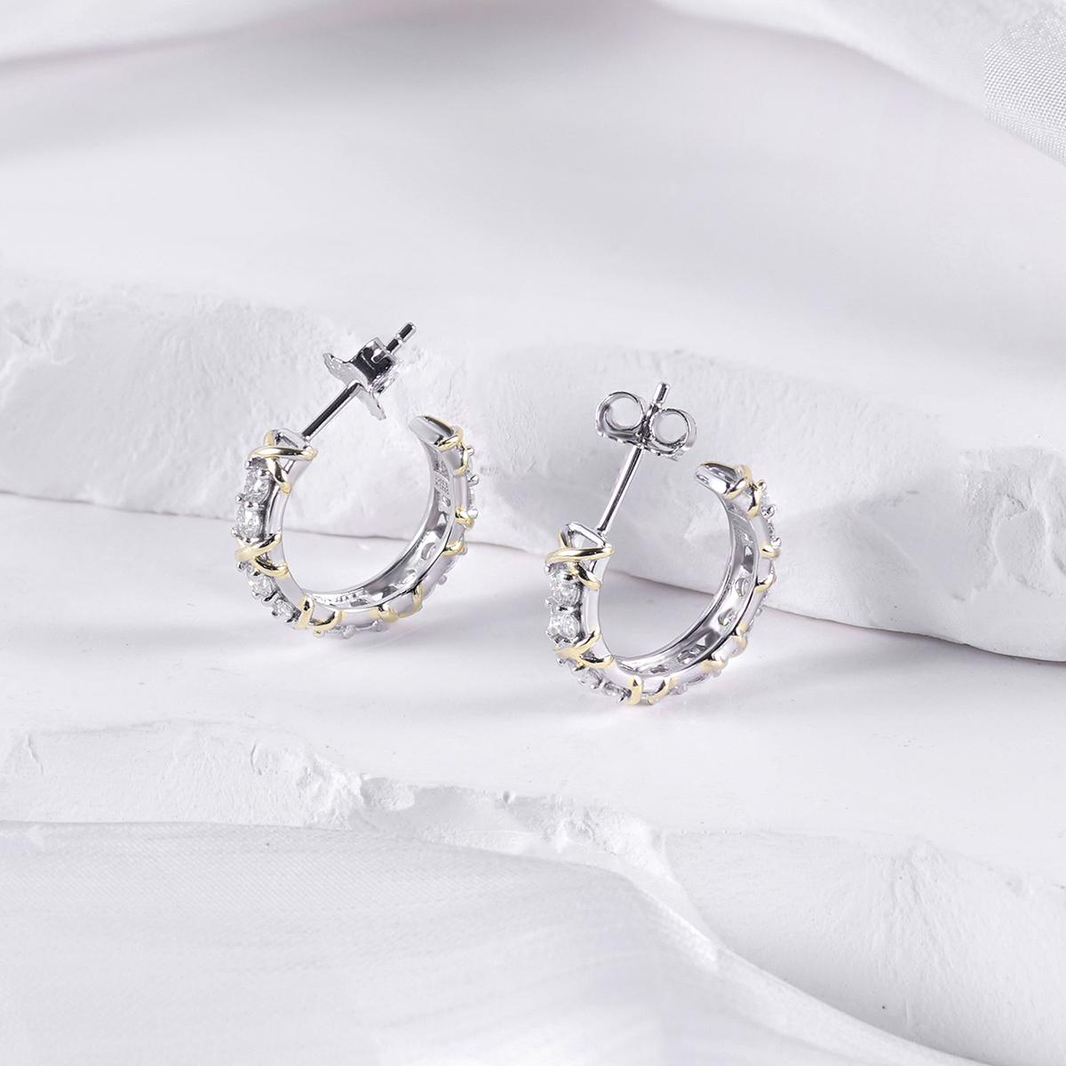 Delzzad Round Dipped Two-Tone Crossover Hoop Earrings S925 & D Color VVS Synthetic Moissanite