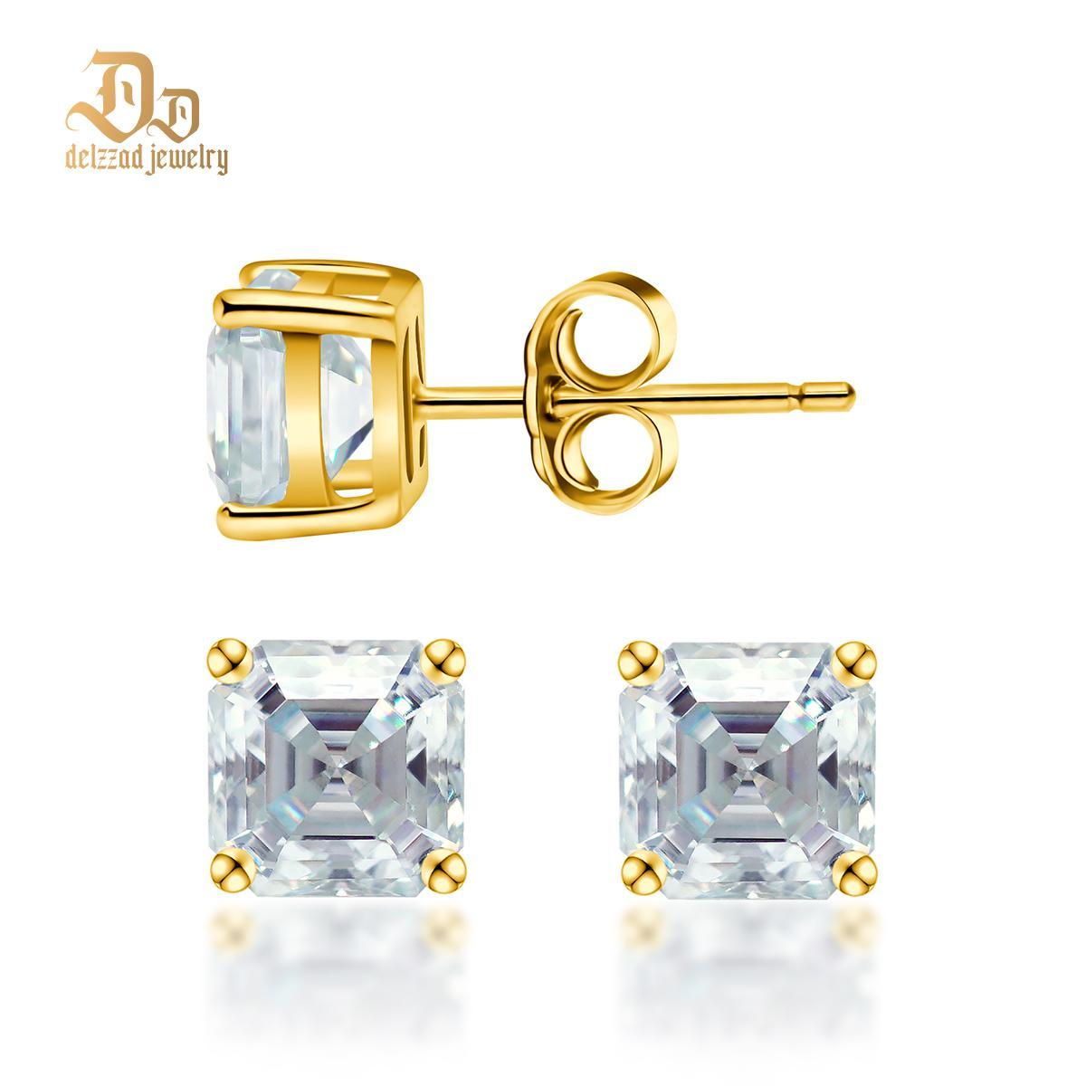 Delzzad S925 Asscher Cut Synthetic Moissanite Prong Stud Earrings For Men Women