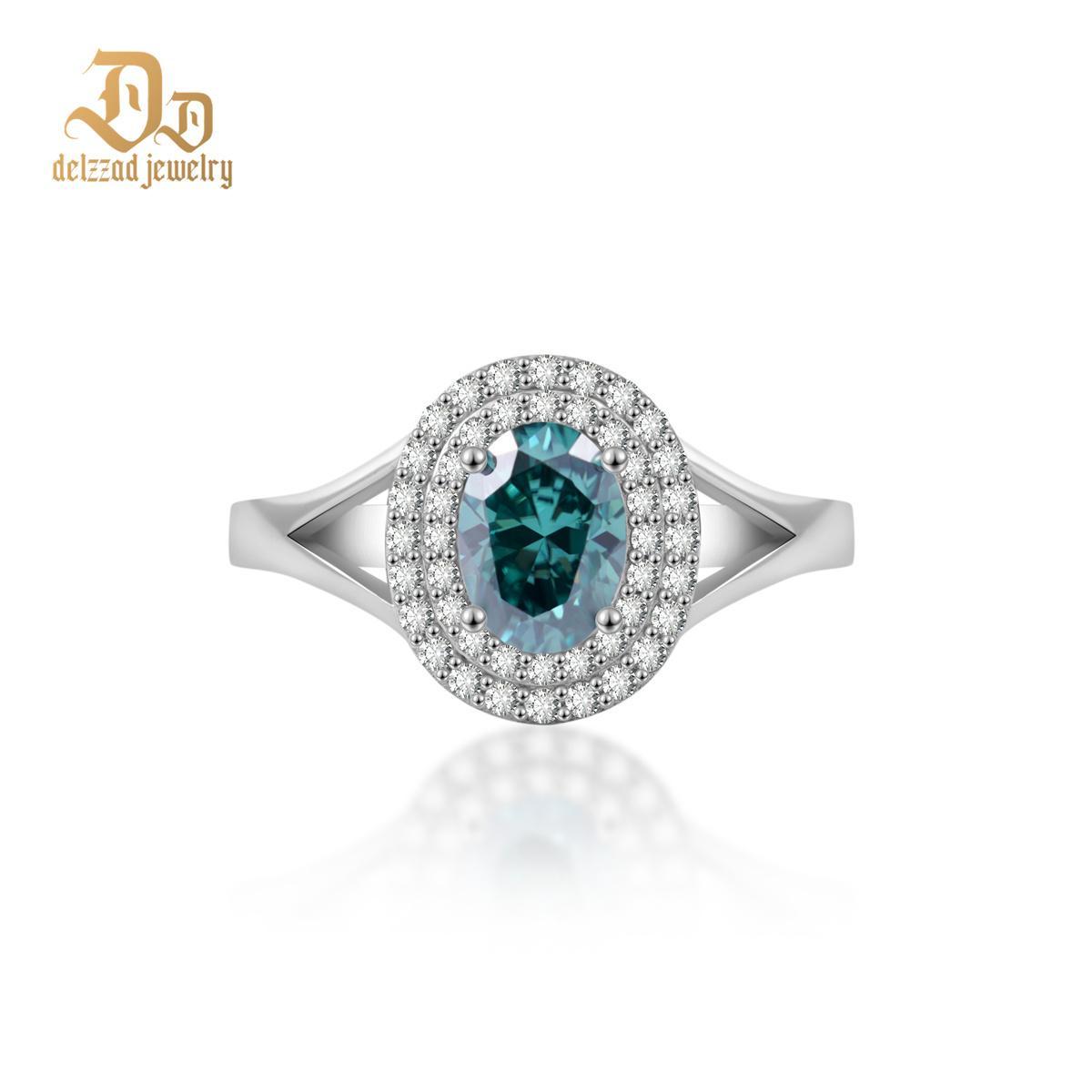 Delzzad 1ct Oval Synthetic Moissanite Double Halo Ring In 925 Sterling Silver Ring Band Jewelry Perfect Birthday Engagement Wedding Anniversary Gift for Women