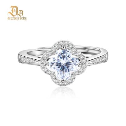 Delzzad Sparkling Adjustable Four-Leaf Clover Cluster Ring Lab-Created Moissanite Engagement Ring S925 Sterling Silver Moissanite Jewelry Perfect Gift