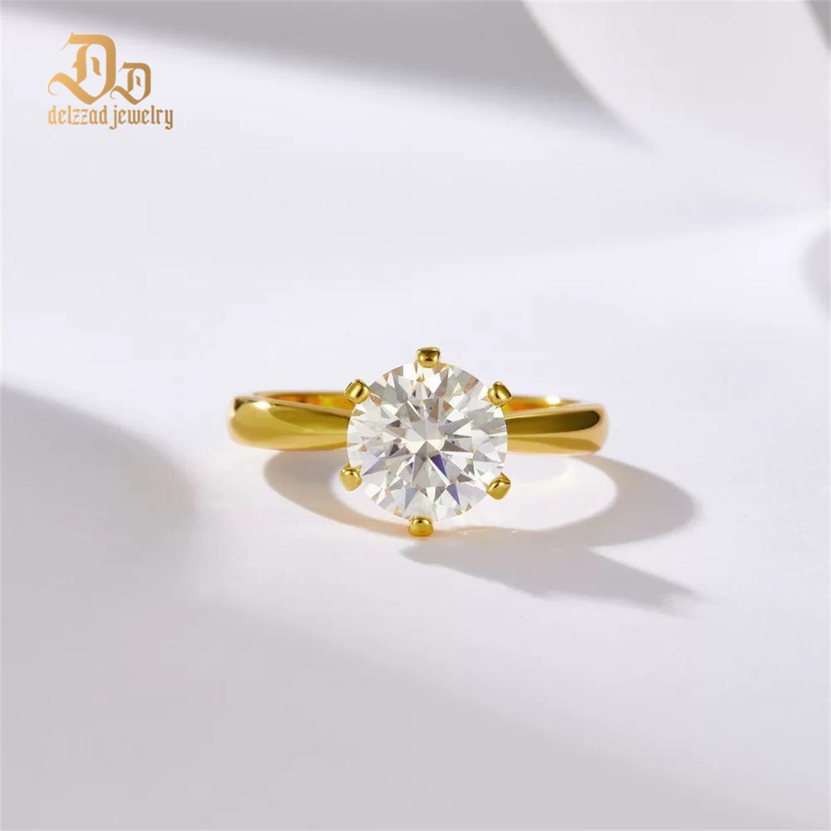 Delzzad S925 1-2ct Round VVS Synthetic Moissanite Classic Six-Prong Ring Band Anniversary Valentine's Day Gifts