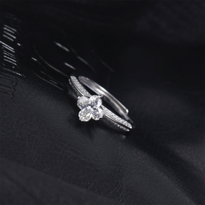 Delzzad Shining Adjustable Four-Leaf Clover Ring Lab-Created Moissanite Engagement Ring S925 Sterling Silver Moissanite Jewelry Perfect Gift