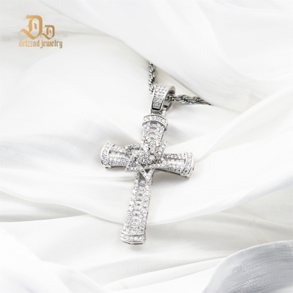 Delzzad S925 3ct VVS Synthetic Moissanite Exquisite Cross Rotatable Pentagram Pendant Necklace Birthday Anniversary Gift