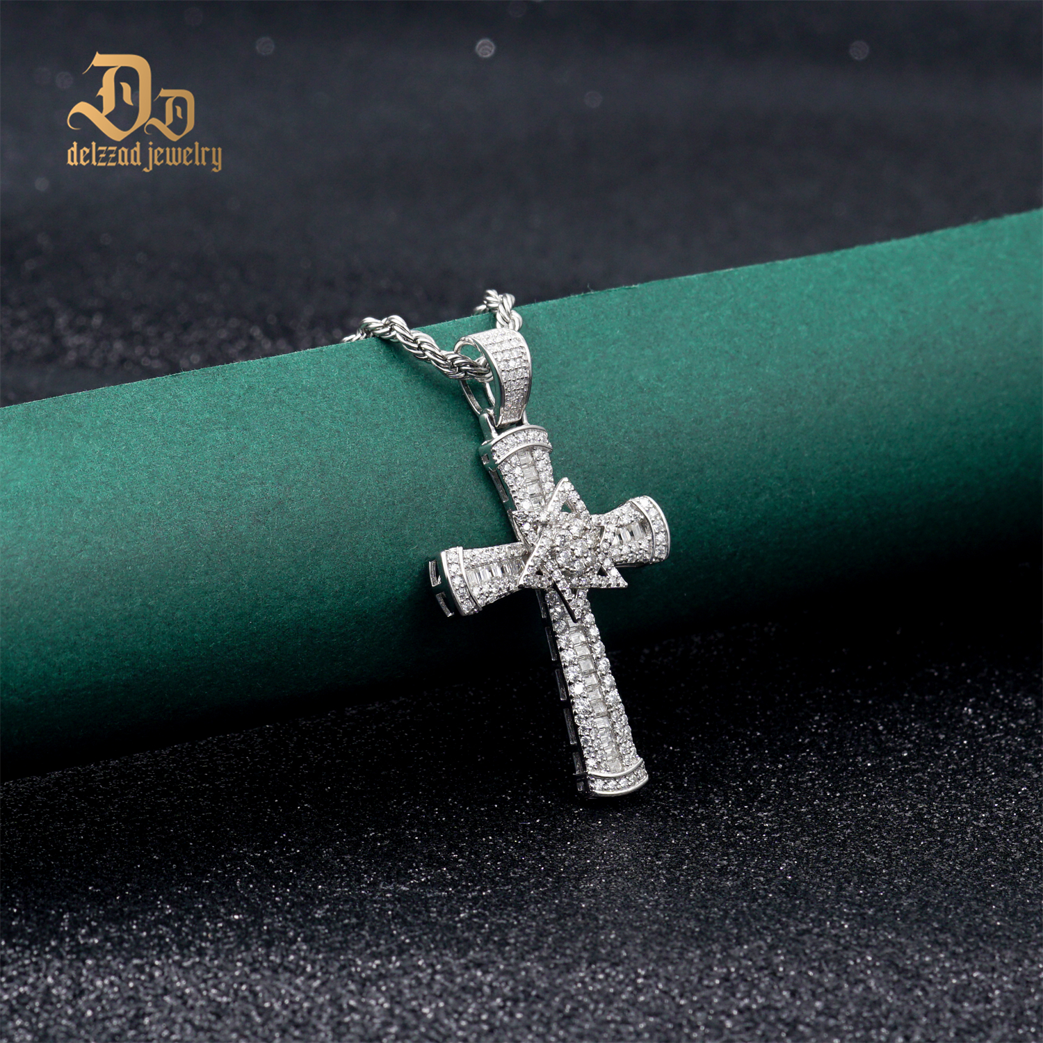 Delzzad S925 3ct VVS Synthetic Moissanite Exquisite Cross Rotatable Pentagram Pendant Necklace Birthday Anniversary Gift