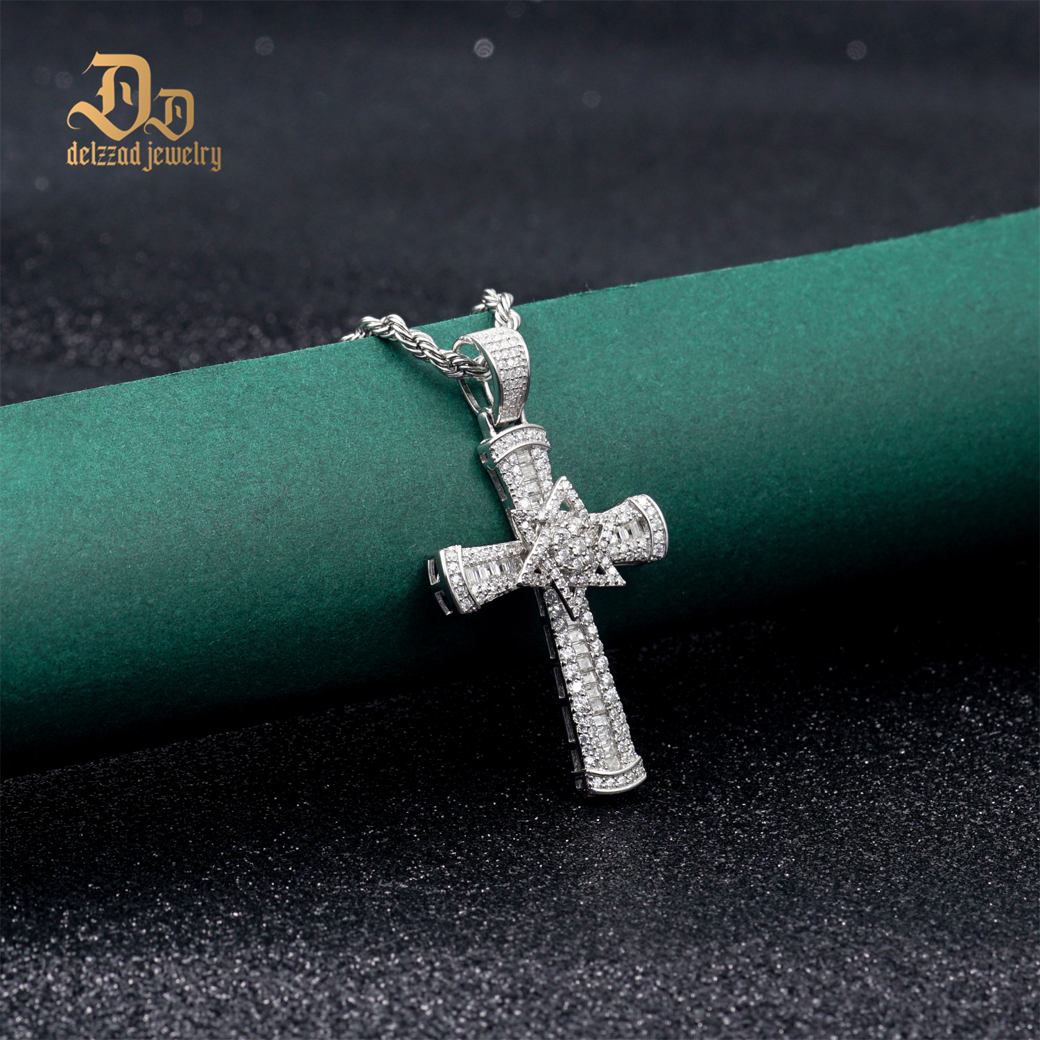 Delzzad S925 3ct VVS Synthetic Moissanite Exquisite Cross Rotatable Pentagram Pendant Necklace Birthday Anniversary Gift