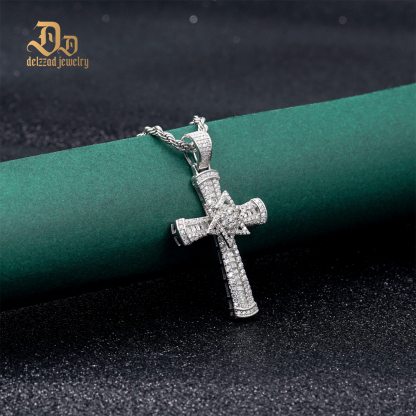 Delzzad S925 3ct VVS Synthetic Moissanite Exquisite Cross Rotatable Pentagram Pendant Necklace Birthday Anniversary Gift