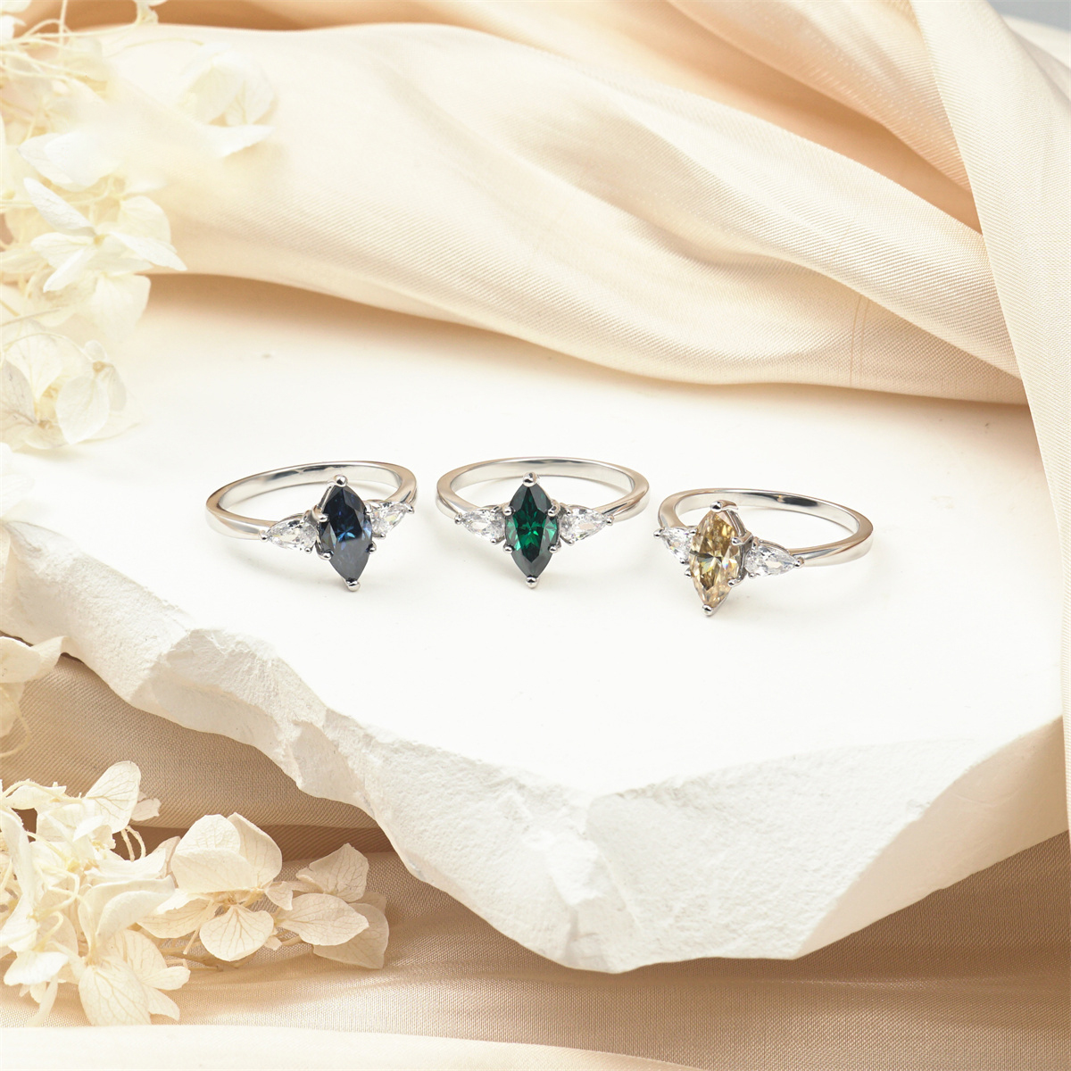 Delzzad 1ct Marquise Synthetic Moissanite Three Stones Ring In 925 Sterling Silver