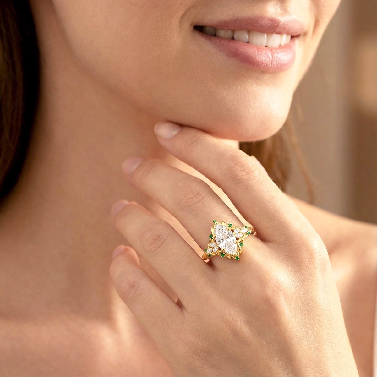 2.2ct Vintage Marquise Cut Leaf Cluster Engagement Ring Band VVS Synthetic Moissanite S925 Ring