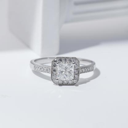 Delzzad 1ct Princess Synthetic Moissanite Halo Ring S925 Ring Band Jewelry Perfect Birthday Engagement Wedding Anniversary Gift
